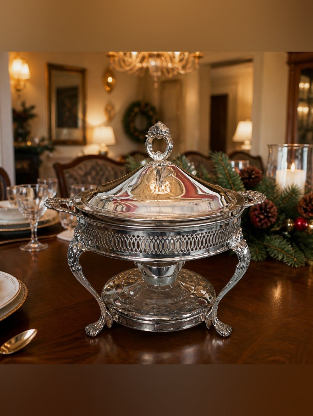 Vintage Silver Plated Leonard Food Warmer w/ Lid, Glass Bowl Insert #5516